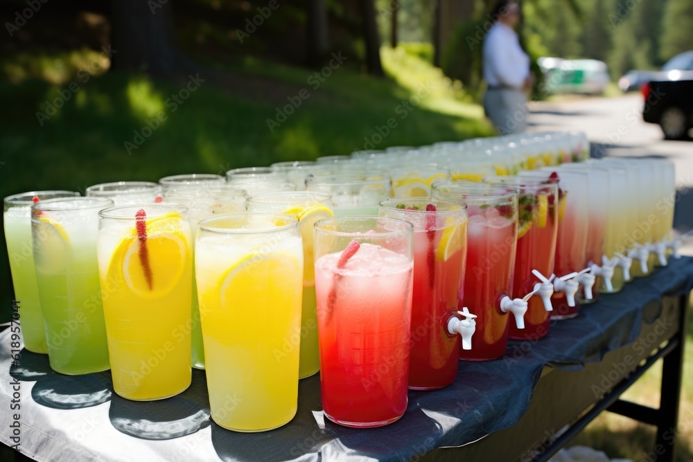 Wall mural summer lemonade stand, with rows of glasses filled with refreshing drink, created with generative ai - Wall murals