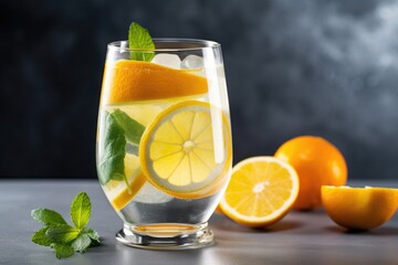 refreshing glass of lemonade, with ice cubes and slice of citrus fruit, created with generative ai