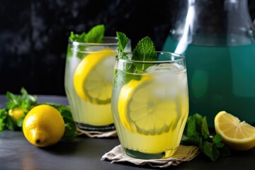 Fototapeta premium refreshing summer lemonade with a touch of mint, garnished with a slice of lemon, created with generative ai