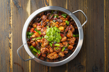 Special Sichuan cuisine griddle chicken on dark background