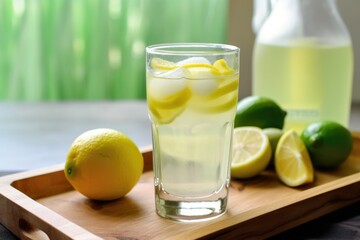 Fototapeta premium glass of homemade lemonade with slice of lemon and wedge of lime on a wooden tray, created with generative ai