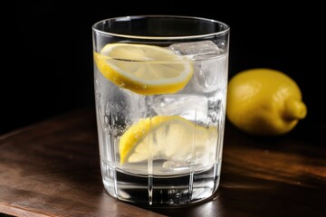 close-up of glass of lemonade, with ice cubes and slices of lemon visible, created with generative ai