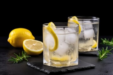 refreshing summer lemonade, with large cubes of ice and slice of lemon, created with generative ai
