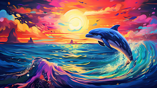 hand drawn cartoon illustration of a dolphin jumping out of the water on the beautiful sea
