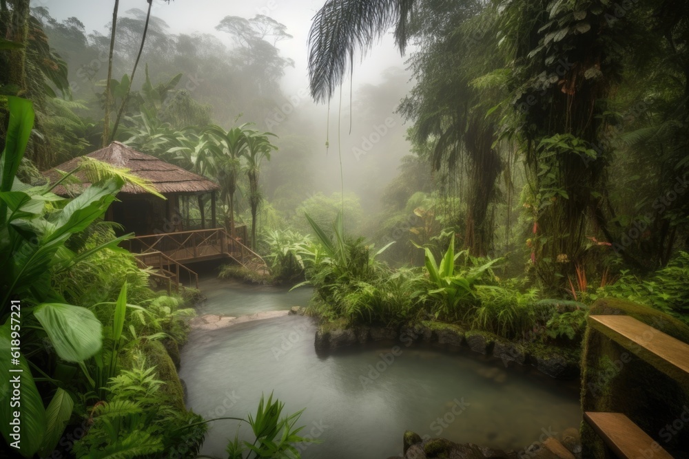 Sticker wellness retreat in lush rainforest, with misty atmosphere and crashing waterfalls, created with generative ai