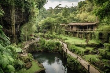 Fototapeta na wymiar wellness retreats in beautiful natural setting, with a view of cascading waterfalls and lush greenery, created with generative ai