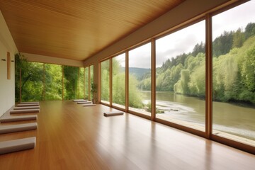 wellness retreat center, with view of a natural landscape and flowing river, created with generative ai