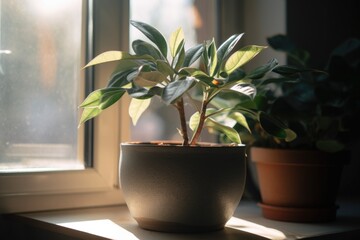 potted indoor plant on sunny windowsill, view of the outside world, created with generative ai