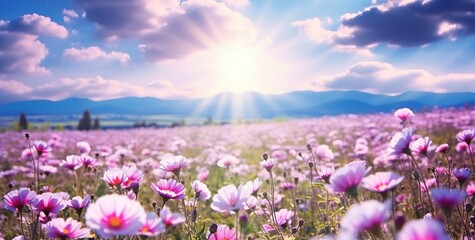 Captivating spring-summer natural landscape featuring a field of purple clover flowers and chamomile against a blue sky with white clouds and bright sun rays. Created with Generative AI technology