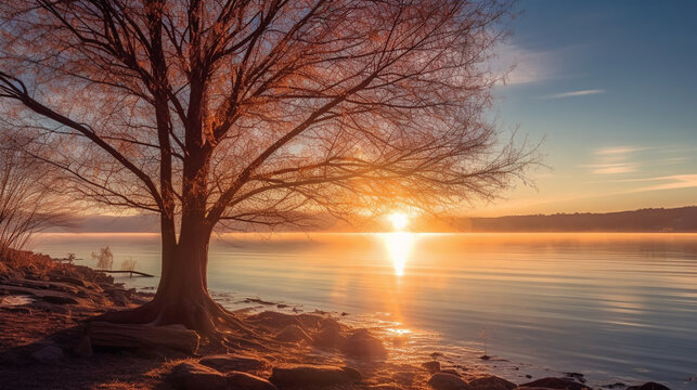 sunset on the lake HD 8K wallpaper Stock Photographic Image