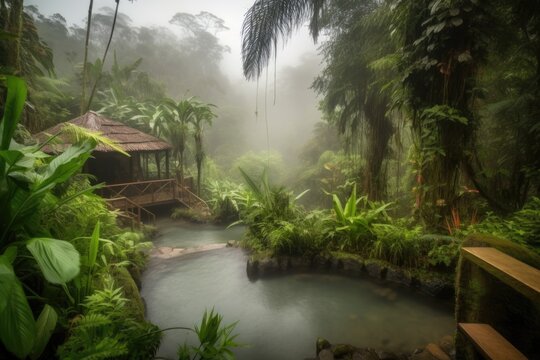 wellness retreat in lush rainforest, with misty atmosphere and crashing waterfalls, created with generative ai