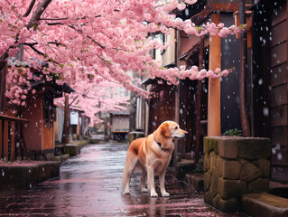 雨上がりの京都の裏路地で桜とキュートで可愛いラブラドールレトリーバー, with Generative AI