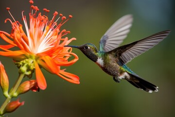 Fototapeta premium hummingbird hovering above flower, learning the basics of flight, created with generative ai