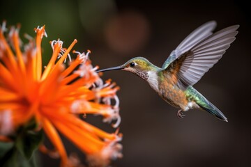 Fototapeta premium hummingbird hovering in front of blooming flower, taking flight, created with generative ai
