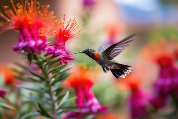 hummingbird practicing its flight skills, hovering and fluttering above garden, created with generative ai