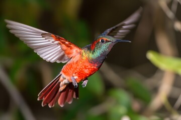 hummingbird in flight, its tiny wings beating furiously, created with generative ai