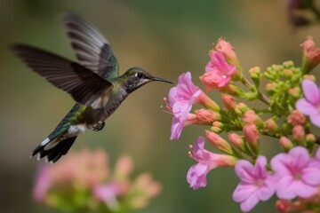 hummingbird in flight, hovering over flower, created with generative ai