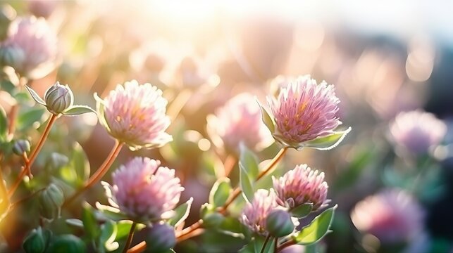 A soft, blurred natural picture with wildflowers in the morning dew on a spring-summer meadow, featuring light pastel colors. Created with Generative AI technology