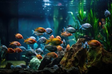 Naklejka premium tropical fish tank, with schools of colorful fish swimming through the water, created with generative ai
