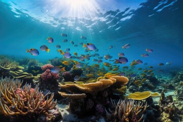 Naklejka premium tropical fish swimming among coral reef, with schools of colorful fish in the background, created with generative ai