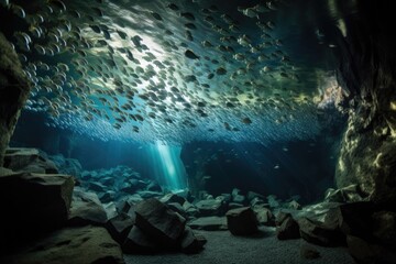 underwater cave with schools of fish swimming through the water, created with generative ai