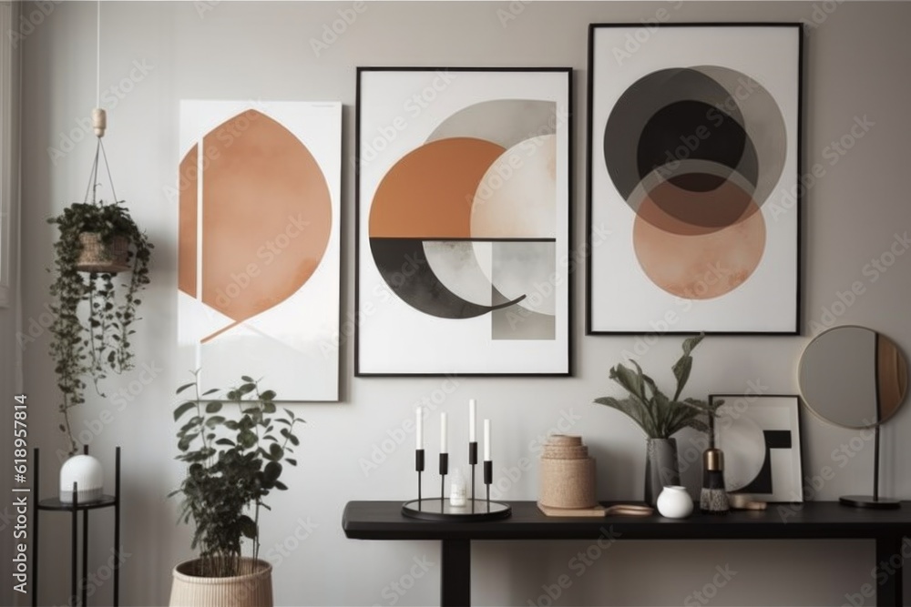 Poster wall art with black and white images of trees, creating a minimalist yet warm atmosphere, created with generative ai