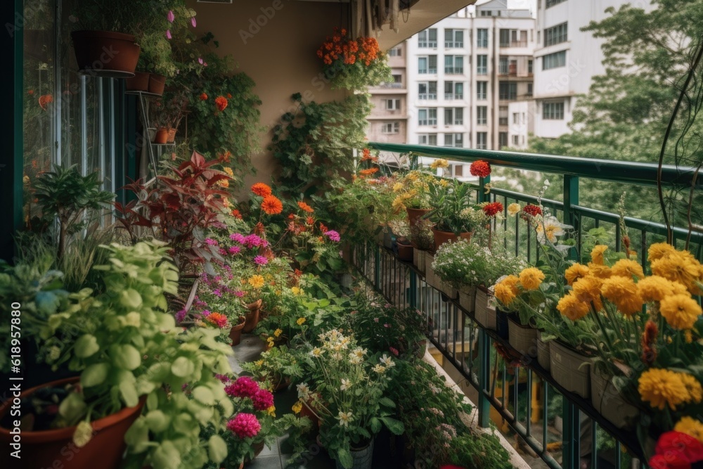 Poster balcony garden filled with lush greenery and colorful flowers, created with generative ai