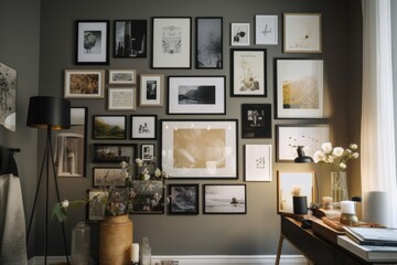 a gallery wall with a mix of framed photos and art pieces, created with generative ai