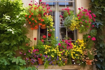 window garden overflowing with lush greenery and blooming flowers, created with generative ai