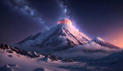 Fototapeta na wymiar Snowy volcano on another planet with amazing sky. Generative AI