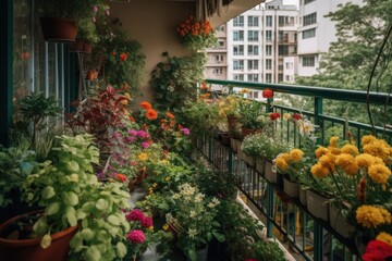 Fototapeta na wymiar balcony garden filled with lush greenery and colorful flowers, created with generative ai