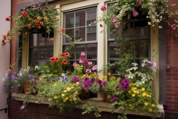 Fototapeta na wymiar colorful window garden overflowing with blooms and greenery, created with generative ai