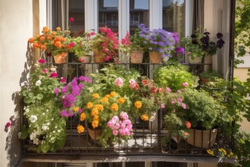 Fototapeta na wymiar window garden overflowing with colorful blooms on sunny balcony, created with generative ai