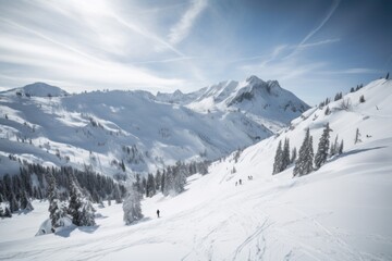 Fototapeta na wymiar snowy mountain range, with skiers and snowboarders enjoying the powder, created with generative ai