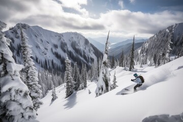 Fototapeta premium skier gliding down snowy mountain, with views of the valley below, created with generative ai