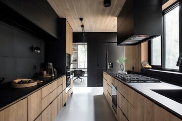 modern kitchen with wood-paneled walls and sleek black appliances, created with generative ai