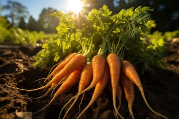 Close-up shot of freshly picked carrots. in the farmer's field celebrate the harvest Healthy organic produce