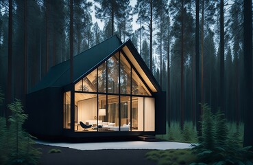 Modern luxury villa exterior in minimal style for luxury glamping glass cottage in the woods at evening with lights on created with generative ai