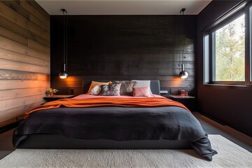 wooden paneled wall in bedroom, with sleek black bed and bright accent pillows, created with generative ai