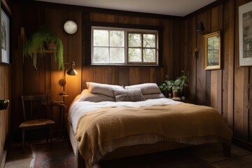 a cozy bedroom with wood-paneled walls and a vintage brass bed, created with generative ai