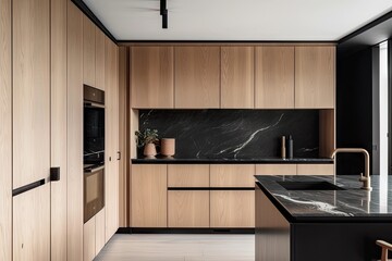 wood-paneled kitchen, with sleek black appliances and marble countertops, created with generative ai