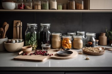 a zero-waste kitchen, with fresh ingredients and minimal packaging visible, created with generative ai