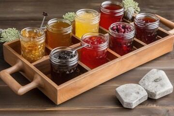 rustic wooden tray with assortment of jams, jellies, and preserves, created with generative ai