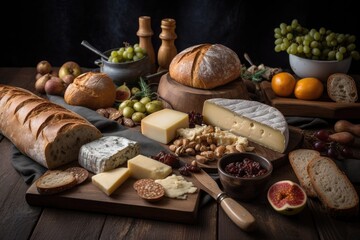 rustic wooden board with beautifully arranged cheeses and breads, created with generative ai