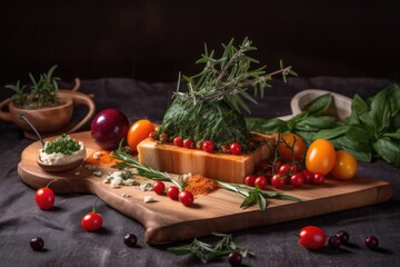 artisanal food presentation on wooden board with cherry tomatoes and basil, created with generative ai