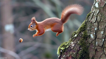 A jumping red squirrel chases a falling acorn
