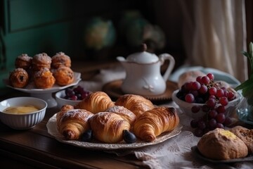 plate of delicate pastries, croissants and muffins in natural light, created with generative ai - obrazy, fototapety, plakaty