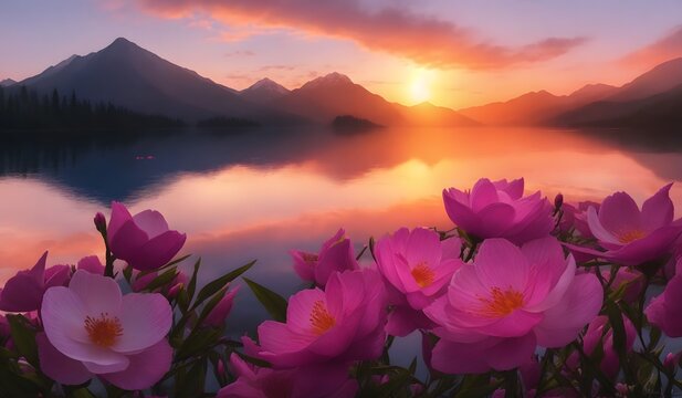 Beautiful flowers on the edge lake with sunrise. Generative AI