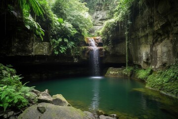 Naklejka premium majestic waterfall, with water cascading down cliff face into tranquil pool, created with generative ai