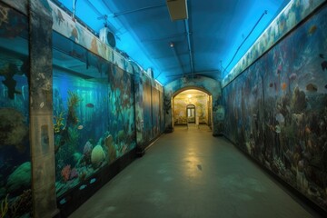 murals of underwater world, with schools of fish and rays swimming in the background, created with generative ai